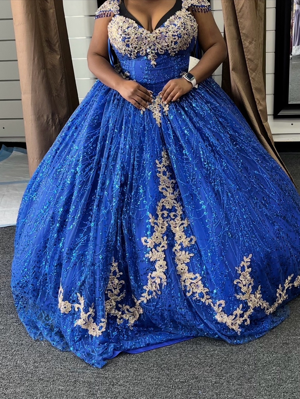 Hand Crafted Royal Blue Ball Gown with Gold Appliqué